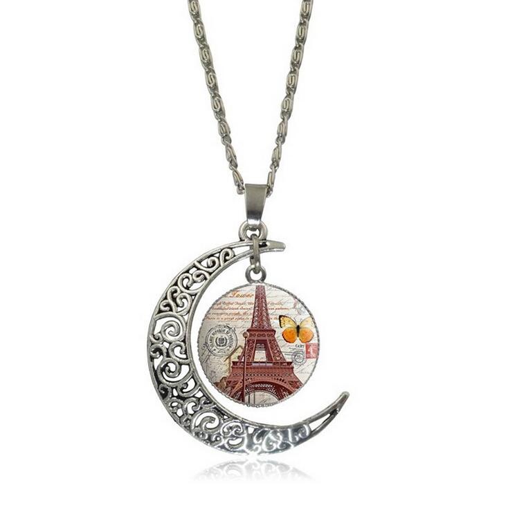 Openwork carved moon Eiffel Tower time gemstone necklace DJN173 mix order Pendant Necklaces jewelry