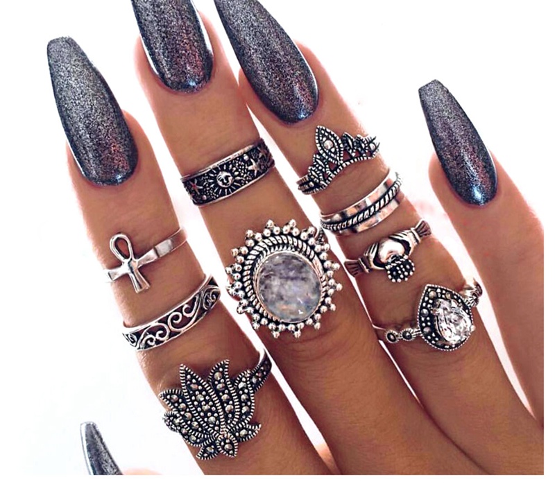 9 pieces of silver vintage ethnic style exaggerated gems combination bohemian stack ring rhinestone joint ring nail ring set for female girl