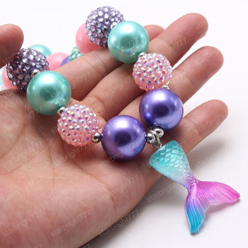 fashion colors girls chunky bubblegum beads necklace with mermaid tail pendant handmade necklace for baby kids best gift
