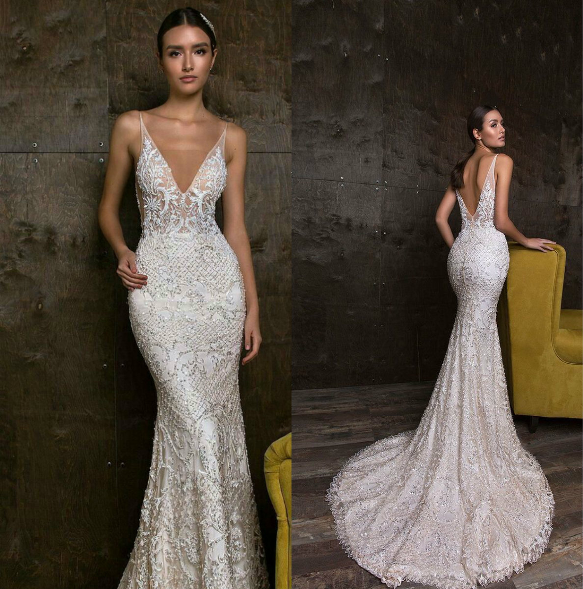 Fabulous Mermaid Dresses V Neck Beading Lace Bridal Gown Vestidos Backless Sweep Train Dubai Wedding Dress Plus Size 0505 0505