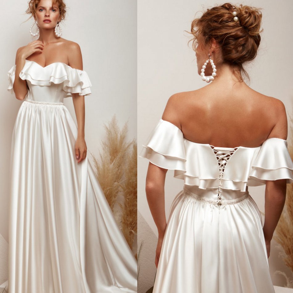 2020 Satin Boho Wedding Dresses Off Shoulder Beaded Sashes Sleeveless Bridal Gown Backless Ruffled Sweep Train Custom Made Robes De Mariée, Orange
2020 Satin Boho Wedding Dresses Off Shoulder Beaded Sashes Sleeveless Bridal Gown Backless Ruffled Sweep Train Custom Made Robes De Mariée, Orange