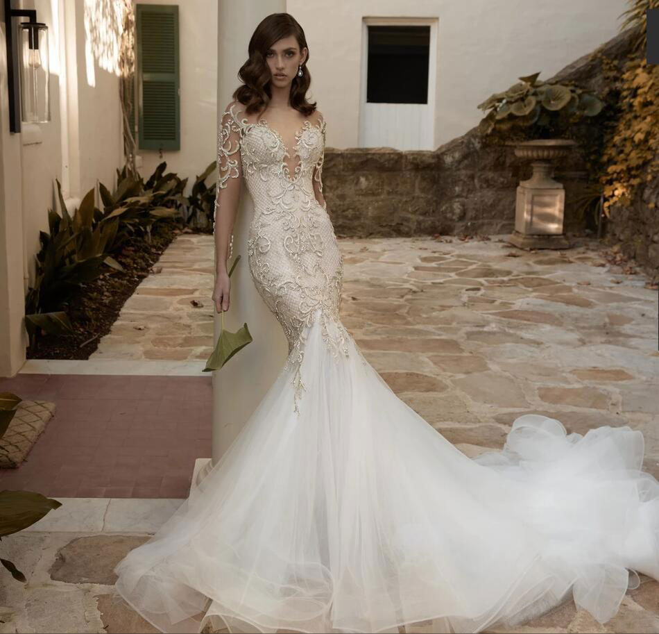 Beaded Mermaid Lace Wedding Dresses Sheer Plunging Neck Long Sleeves Bridal Gowns Court Train Tulle Trumpet Robe De Marie