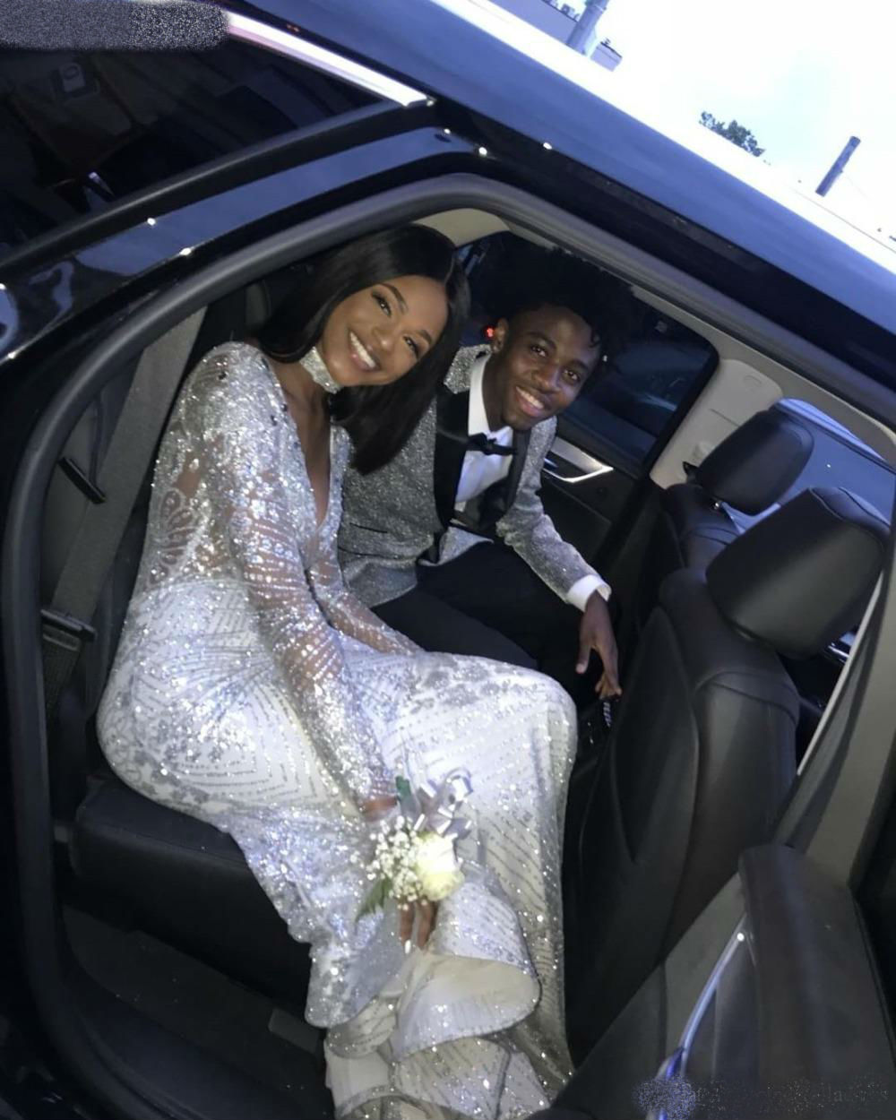 Sparkly Sequins Mermaid Prom Dresses 2019 Long Sleeve Ruffles Sweep Train Evening Gowns Luxury Cocktail Party Dresses robes de soirée