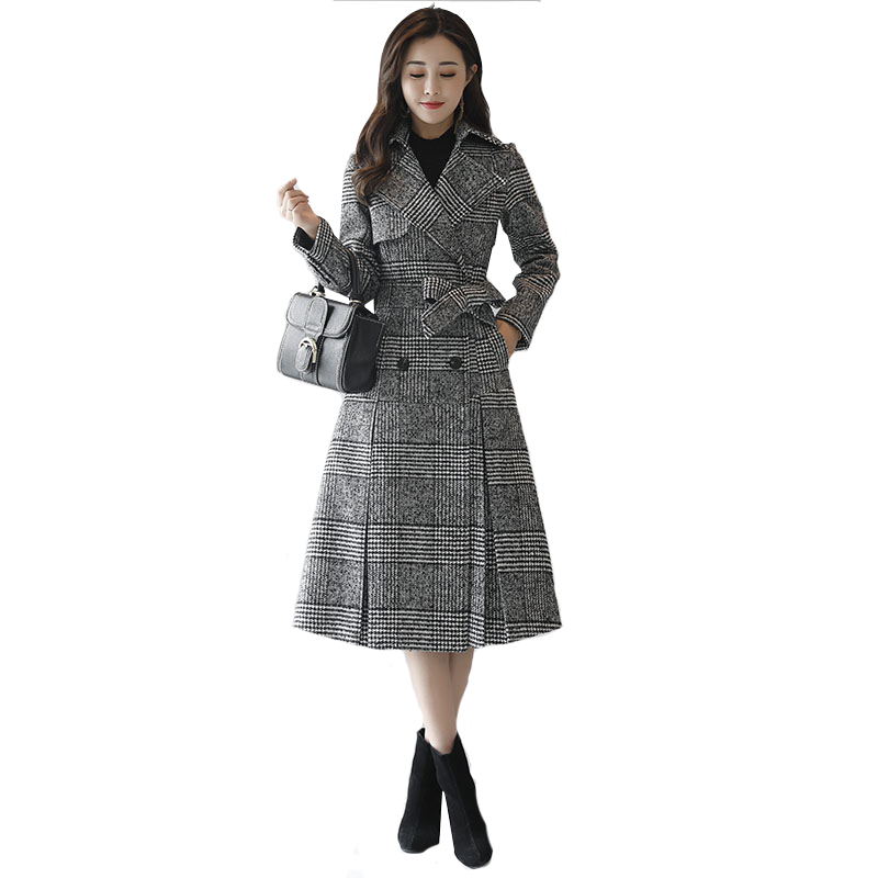 Tartan wool coat female long section Korean 2019 new autumn and winter models Slim waist check woolen coat Women's clothing, Gray