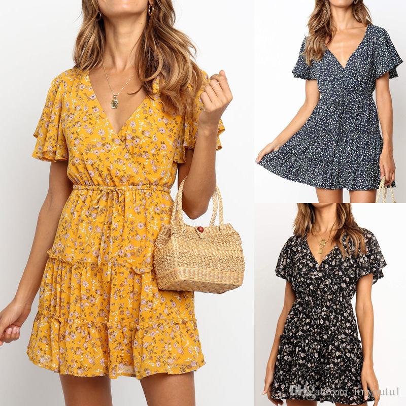 2020 Summer Beach Dress Boho Style Women Floral Print Chiffon Dress Sexy V-neck Short Sleeve A-line Mini Party Dress