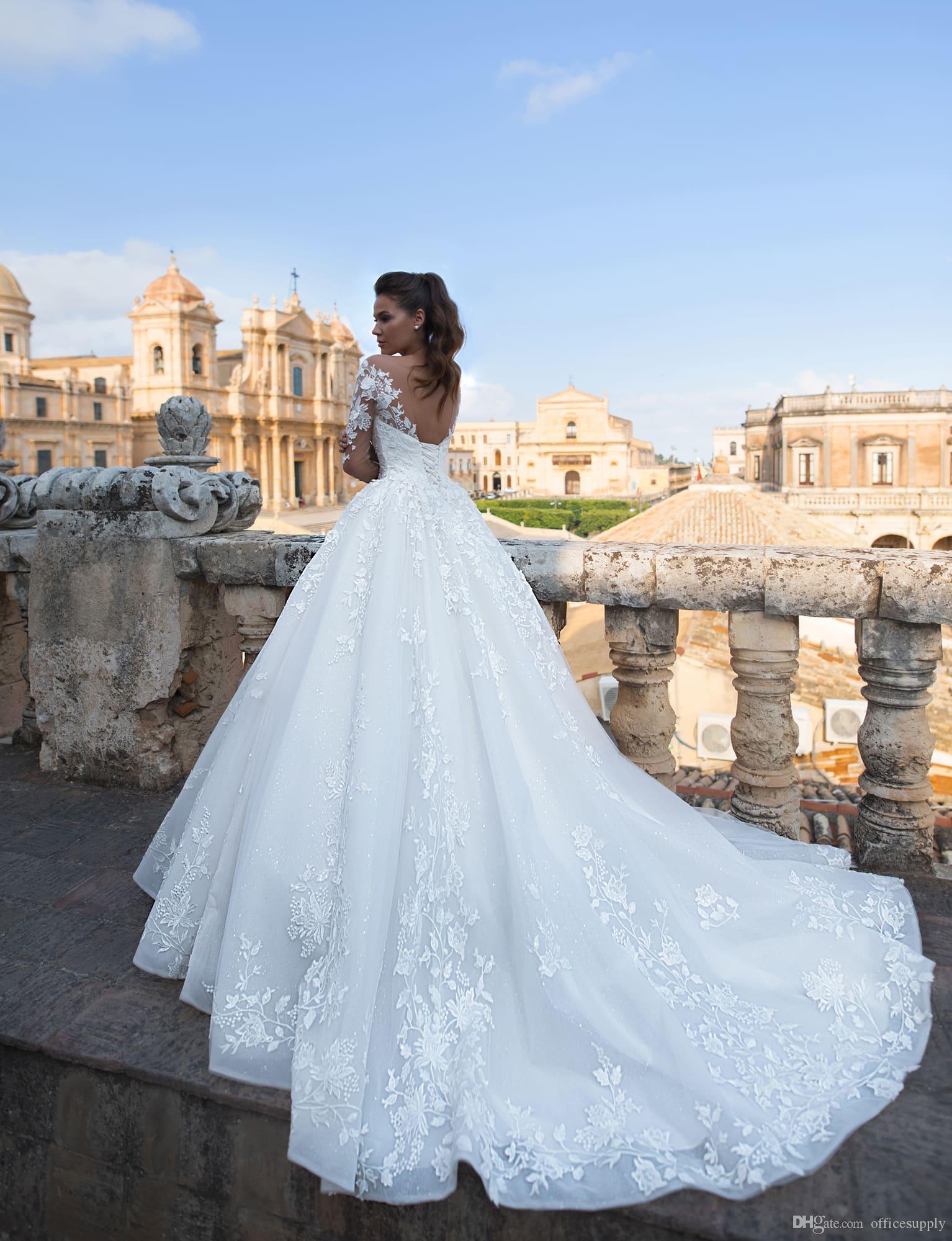 Vintage A Line Wedding Dresses Lace Sheer Neck Long Sleeve Appliques Sweep Train Backless Wedding Dress Bridal Gowns vestidos de novia