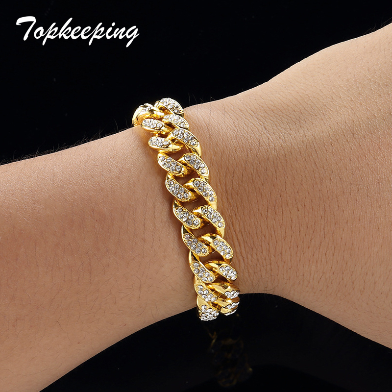 Mens Gold Color Iced Out Rhinestone Fashion Bracelets & Bangles Miami Cuban High Quality Link Chain Bracelet For Hip Hop C19021501