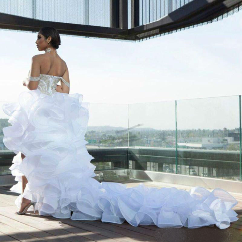 sexy thigh high slits wedding dresses off shoulder beaded tiered ruffles organza beach wedding dress custom made bridal gowns cheap