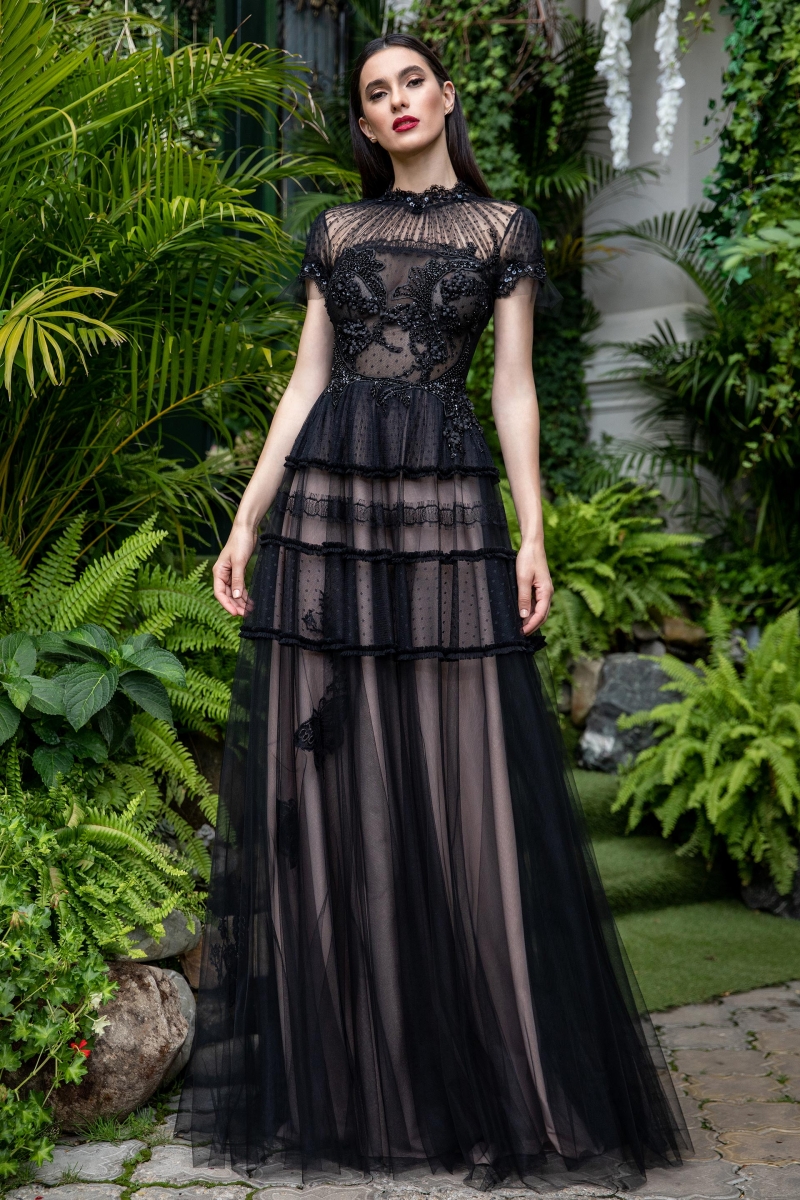 Sexy Black Prom Dresses High Neck Lace Beaded Celebrity Party Gowns Floor Length A Line Costume Formal Evening Dress