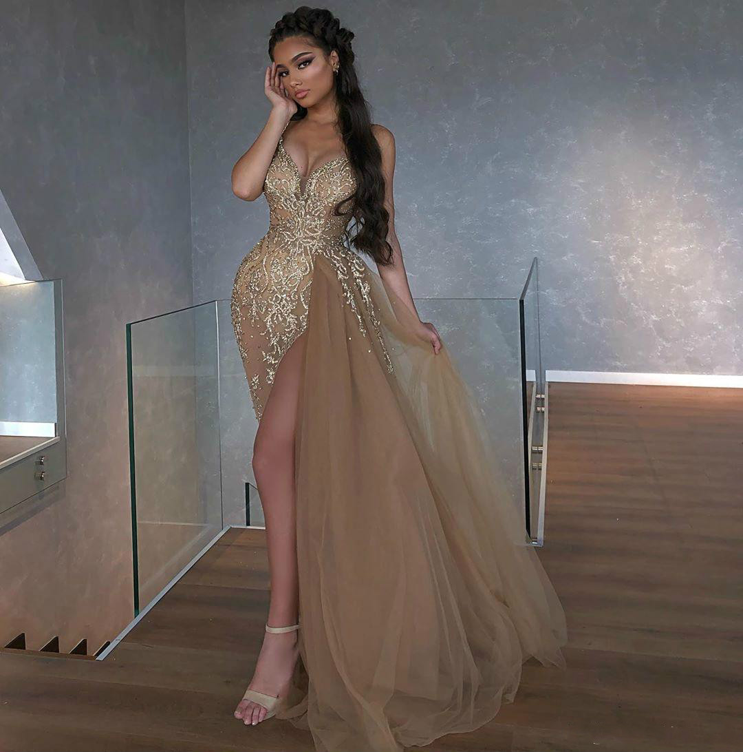 2020 Arabic Sexy Prom Dresses Lace Beaded High Side Split Spaghetti Evening Dresses With Detachable Train Illusion Formal Party Gowns