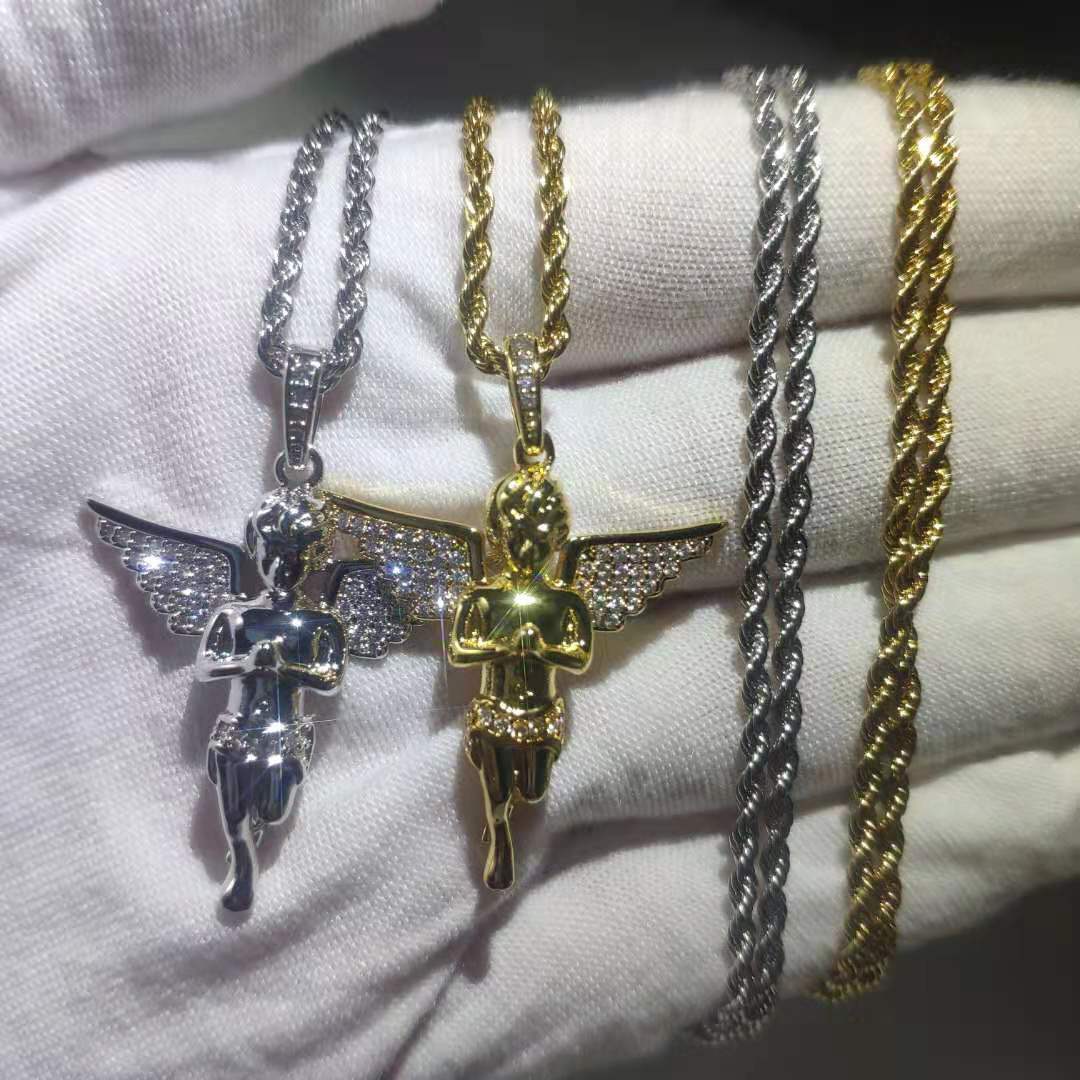 Full Charm White Zirconia Hip Hop Praying Hands Flying Angel Pendant Necklace Jewelry Fairy Crystal Wing Pendants