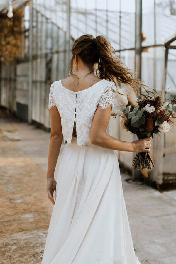 2020 Beach Wedding Dresses Jewel Neck High Low Short Sleeve A Line Bohemian Wedding Gowns Two Pieces Sweep Train Vestidos De Novia