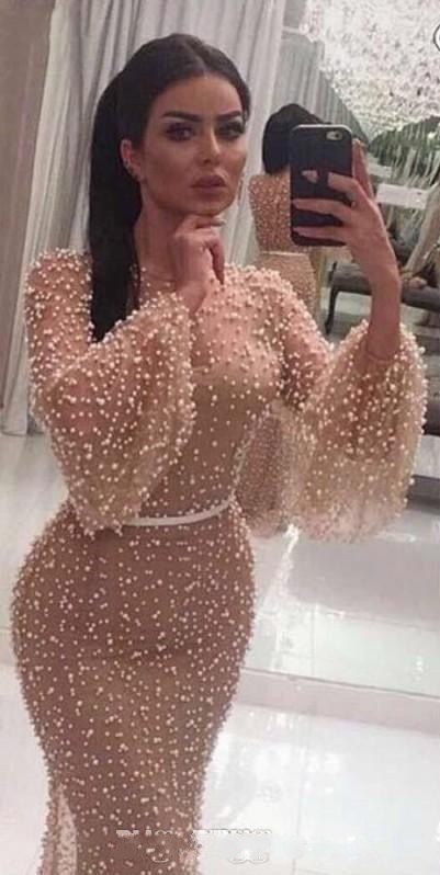 2020 New Sexy Dubai Arabic Mermaid Long Sleeves Evening Dresses Wear Pearls Champagne Jewel Neck Sheer Back Formal Prom Gowns Party Dress
