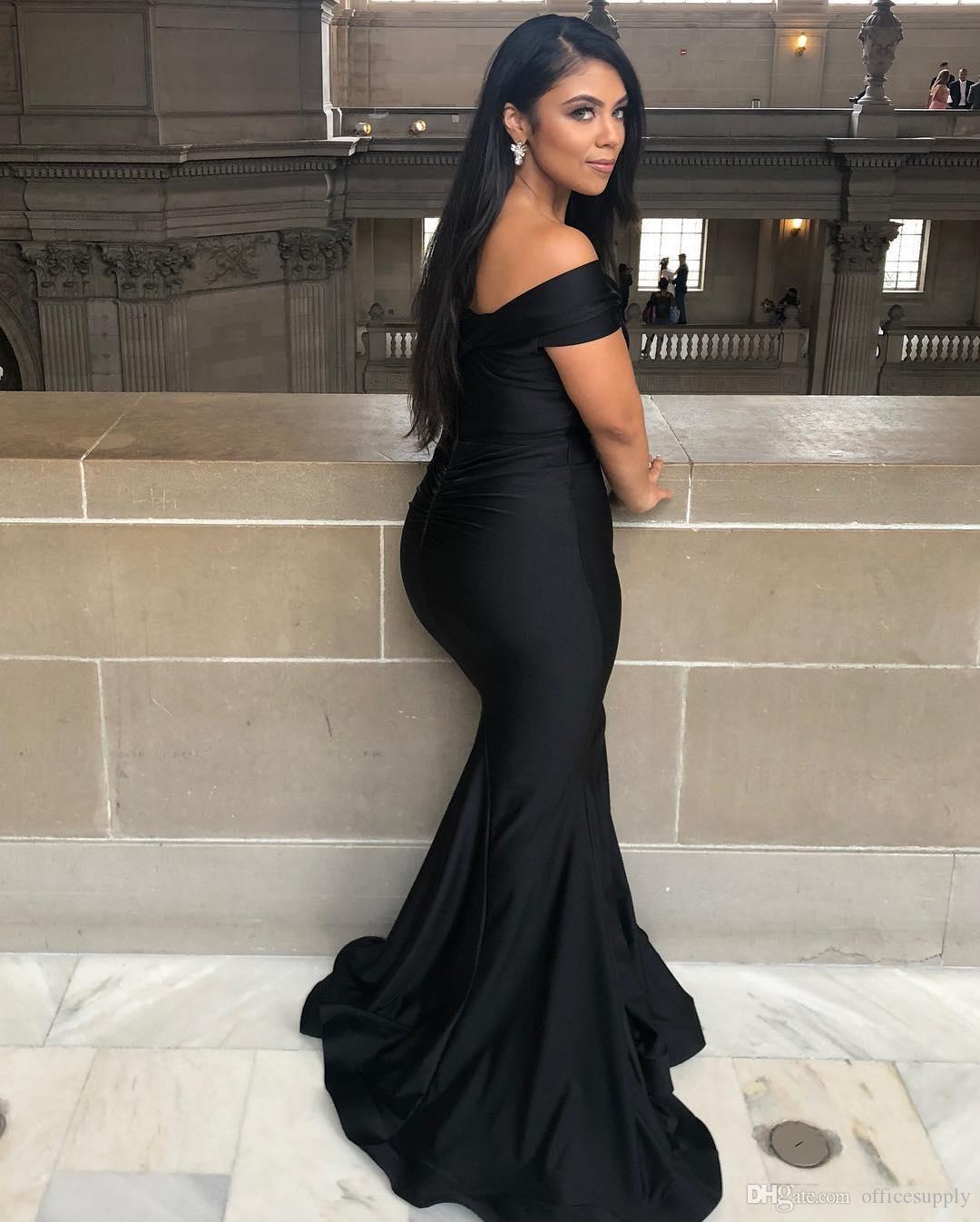 Mermaid Elegant Black Bridesmaid Off Shoulder Formal Evening Gowns Prom Dresses Pleats Plus Size Simple Robe De Soiree