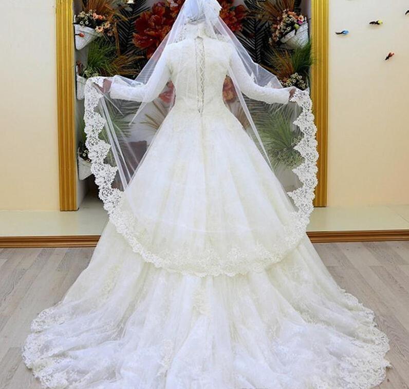 vintage Muslim Wedding Dresses Long Sleeves lace High Collar Lace Saudi Arabia Bridal Gowns ruche Wedding Gown Vestidos De Novia 2019