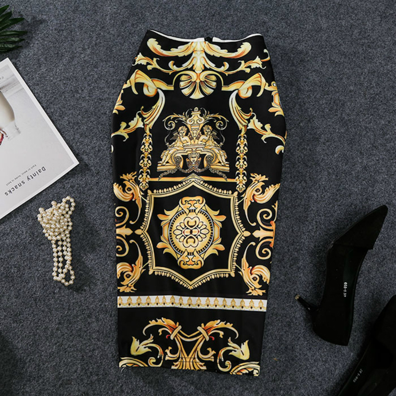 -Coming European Women Autumn Print Pencil Skirt High Stretch Abstract Pattern Midi Slip Hip Skirt Female LY191203