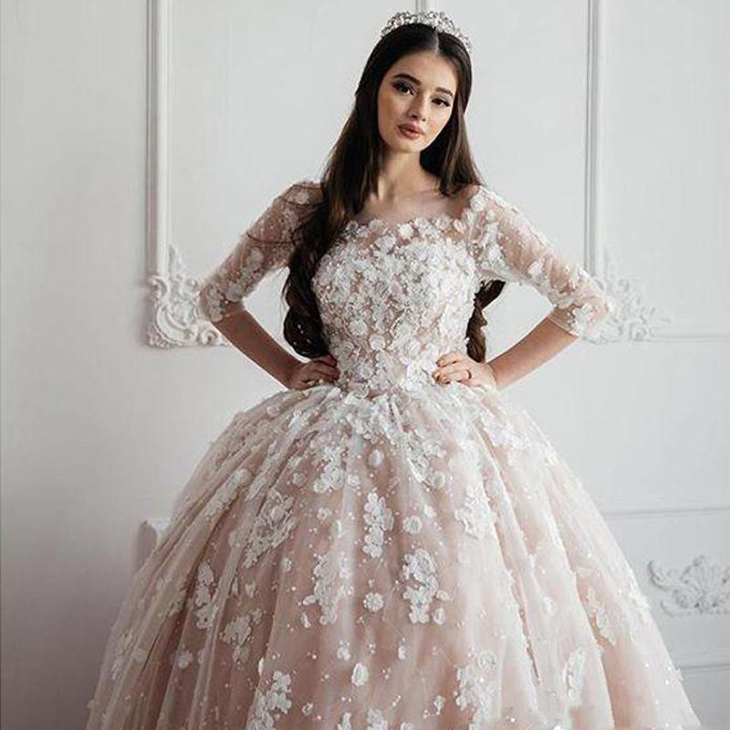 vintage lace ball gown wedding dresses bridal gowns 3d floral appliqued 3 4 long sleeve scoop neck beads plus size wedding dress