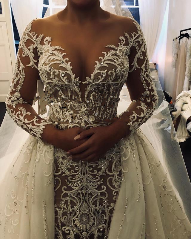 Middle East Mermaid Dresses with Detachable Train Plus Size Sheer Long Sleeves Lace Applique African Wedding Gowns Robe De Mariee