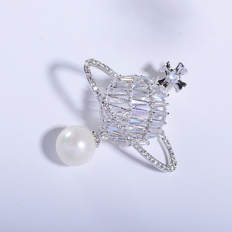 Zircon Rhinestone Earth Planet Hang Pearl Brooch Crystal Enamel Pins and Brooches for Women Lapel Pin Men Suit Jewelry