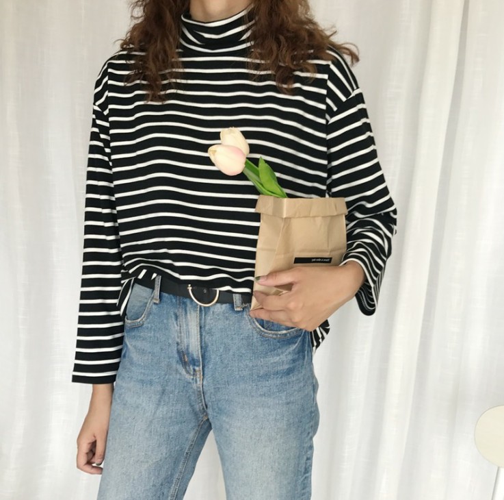 Spring And Autumn Long Sleeve Turtleneck Striped Casual T Shirt Loose Pullover Regualr Tops Female Cloths