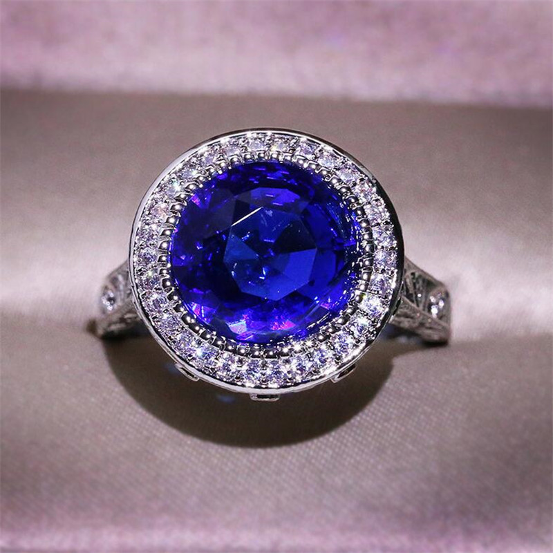 2020 New Top Selling Vintage Fashion Jewelry 925 Sterling Silver Round Cut Blue Sapphire CZ Diamond Promise Women Wedding Crown Band Ring