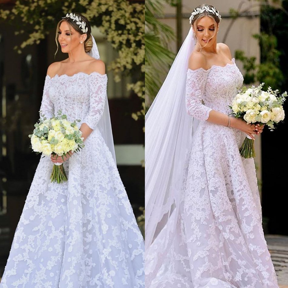 2020 Bateau Wedding Dresses Lace Tulle Applique Wedding Gowns A Line Sweep Train Bridal Gowns Abiti Da Sposa
