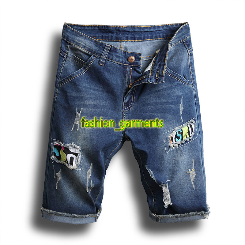 New Summer European and American Mens Hole Print Denim Shorts Mens Fashion Shorts Mens Slim Straight Stretch Pants