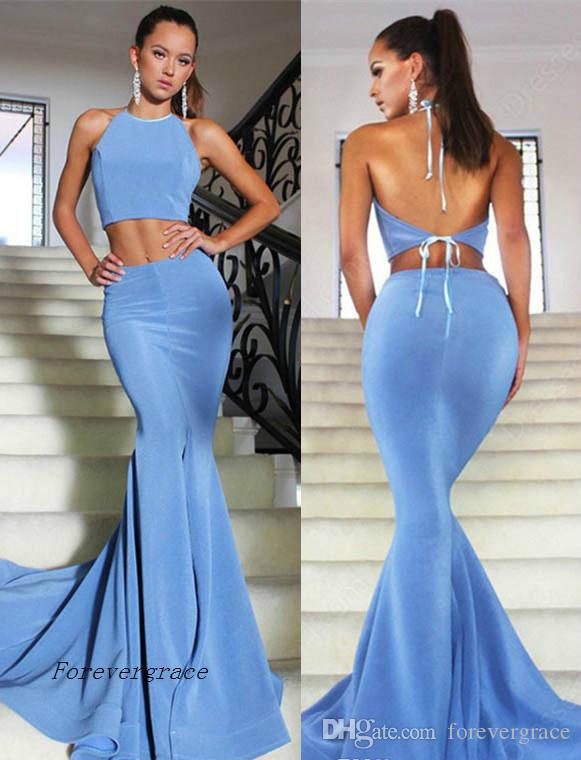 2019 Gorgeous Ocean Blue Prom Dress Cheap Simple Two Piece Backless Formal Summer Holidays Wear Evening Party Gown Custom Made Plus Size