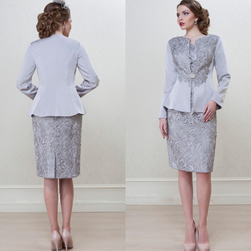 silver mother of the bride dresses with jacket lace appliqued groom mothers dress satin cheap knee length wedding guest formal gowns
