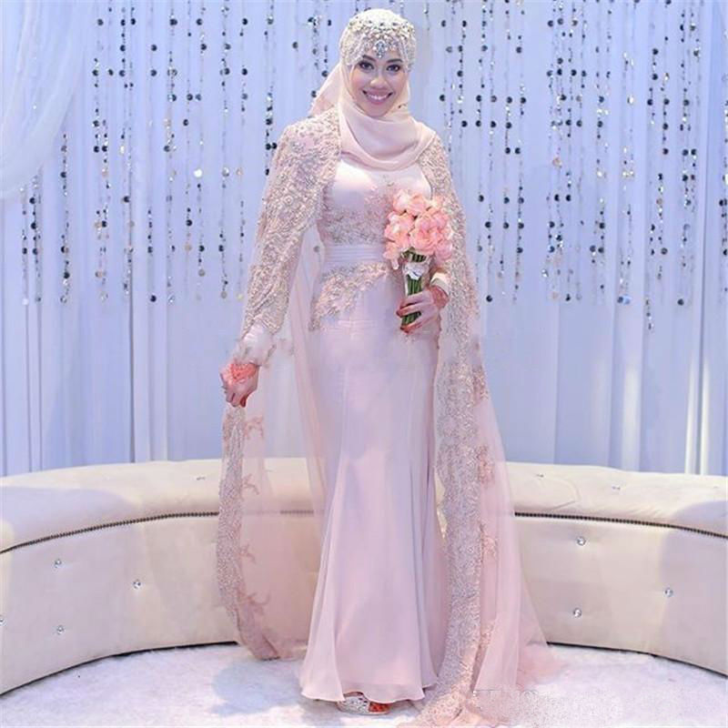 2019 Muslim Wedding Dresses High Collar Custom Made Chiffon Mermaid Wedding Dress with Lace Applique Beaded Wrap Plus Size Bridal Gowns