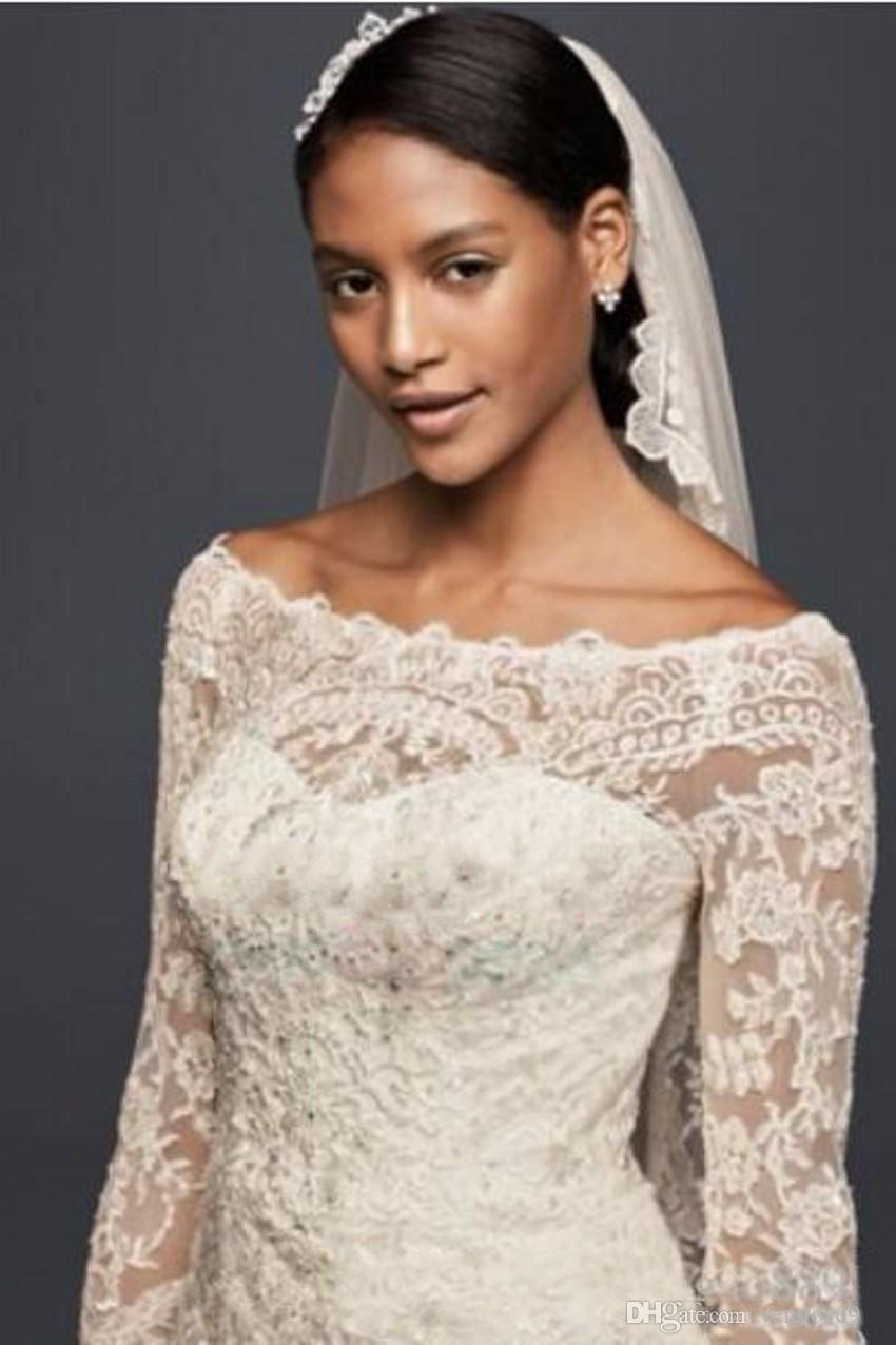 Oleg Cassini Modest Wedding Dresses with Long Sleeves Lace Applique Off The Shoulder Garden Outdoor Wedding Dresses Plus Size Bridal Gowns