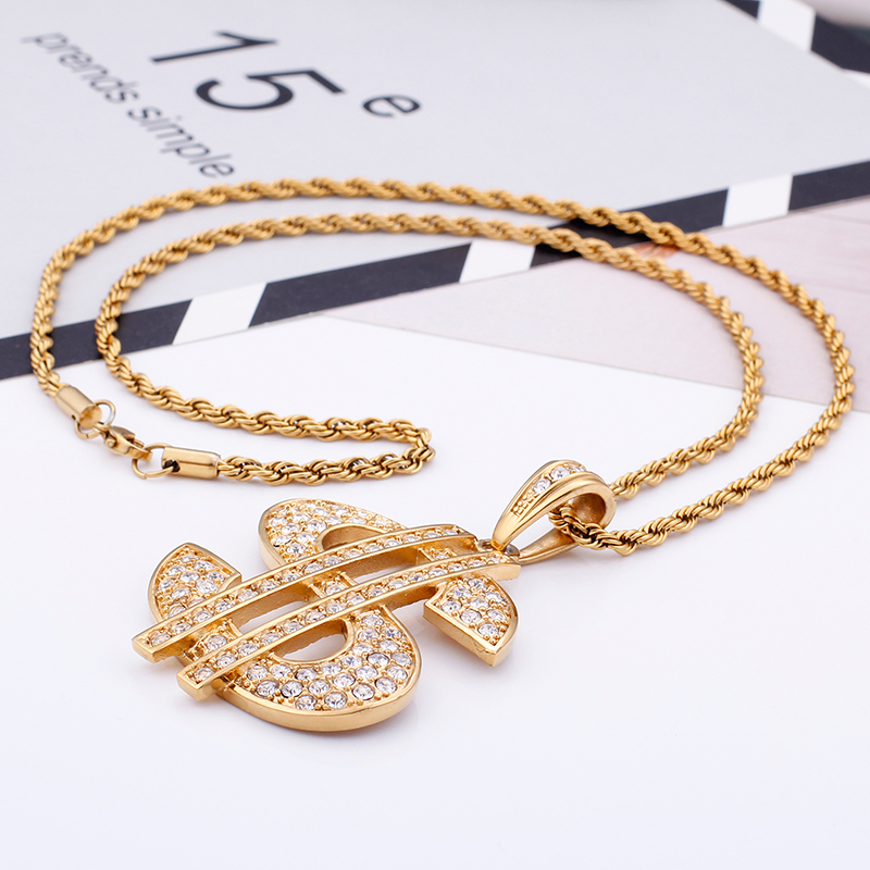 Men's Hip Hop Dollar Sign Pendants Necklace 316L Stainless Steel Full Cubic Zirconia Setting 18K Gold Plated Jewelry