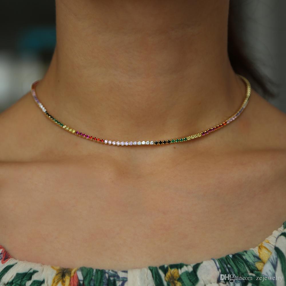 fashion new dainty multi color Tennis link Chain Necklaces with Dazzling gold Color rainbow tiny CZ charm Choker For Women gifts