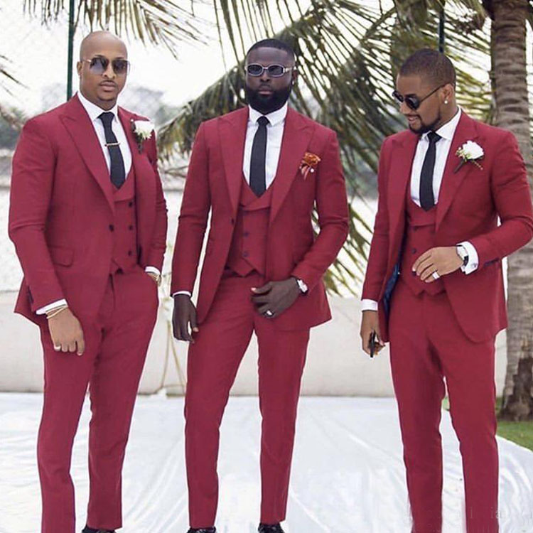 Red Slim Fit Groomsmen Tuxedos Business Party Prom Mens Suits Groom Wear For Wedding Custom Made 3 Pieces(Jacket+Vest+Pants)