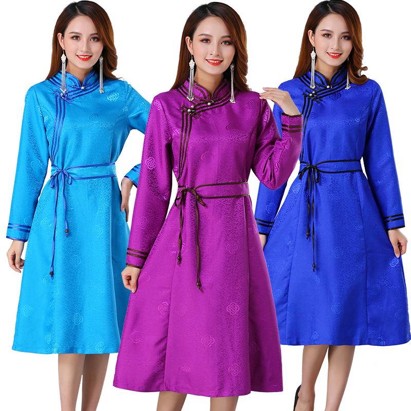 Mongolian dance stage wear long Sleeve Qipao Dress Silk blend Party Cheongsam For Women Elegant oriental ethnic clothing