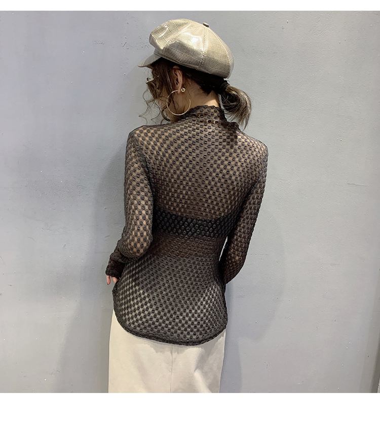 New womens sexy turtleneck long sleeve perspective gauze lace spring autumn t-shirt tops SML