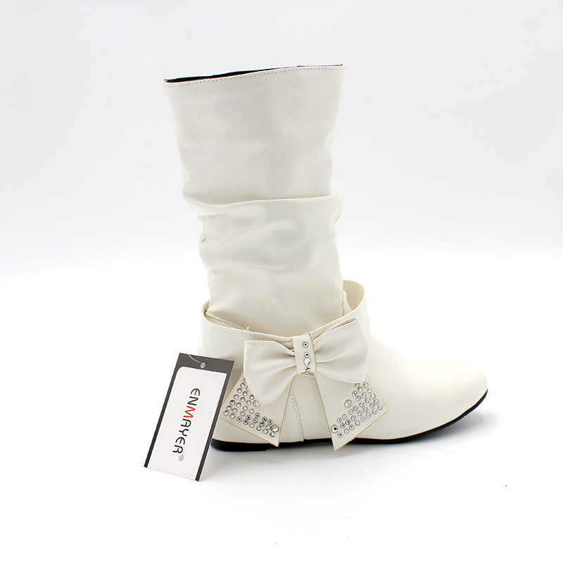 Hot Sale- Spring And Autumn Bowtie Charms Flats Boots Shoes Woman Mid-calf 4 Colors White Shoes Boots Large Size 34-47