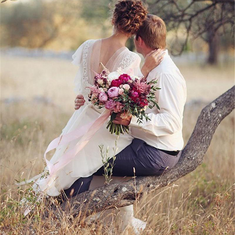 Modest Beach Boho Hippie Dresses V Neck A Line Cap Sleeves Bride Vestidos De Novia Pregnant Wedding Gowns 0521