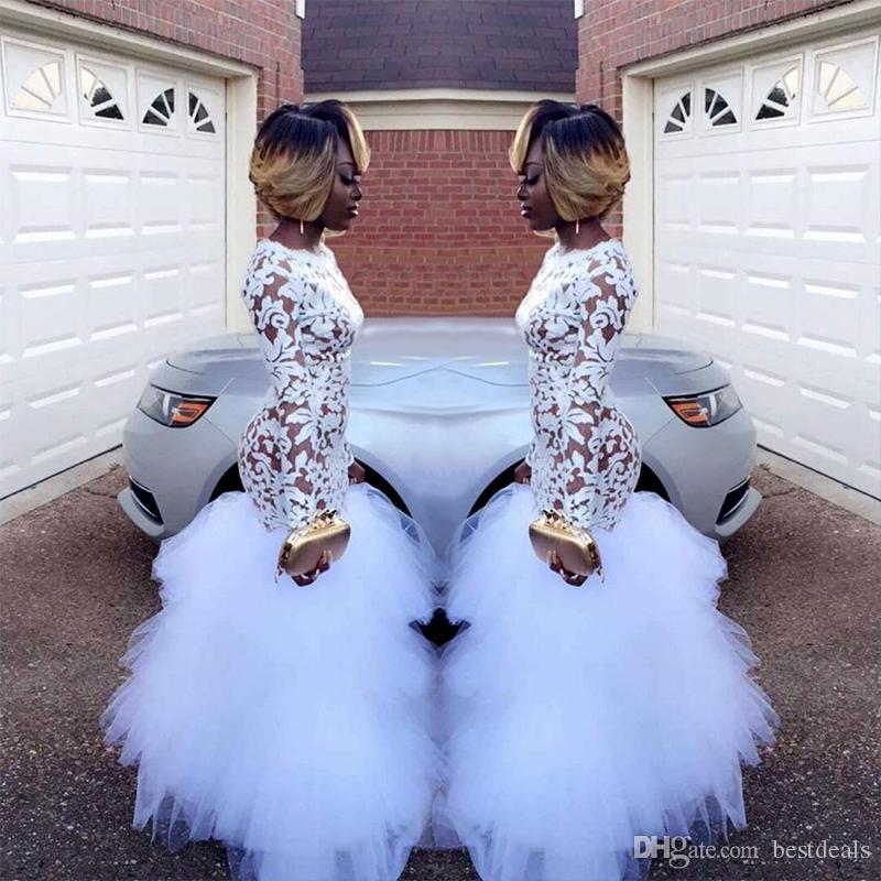 2019 African White Mermaid Lace Prom Dresses for Black Girls Long Sleeves Ruffles Tulle Floor Length Plus Size Evening Prom Gowns Vestidos
2019 African White Mermaid Lace Prom Dresses for Black Girls Long Sleeves Ruffles Tulle Floor Length Plus Size Evening Prom Gowns Vestidos