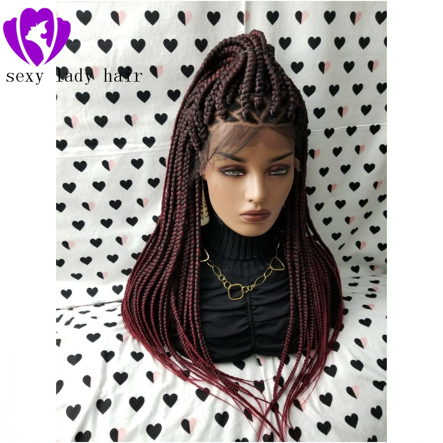 Free part ombre red color Braided Box Braids Lace Frontal Wig Heat Resistant Hair Long Natural full Braided Wigs For Black Women 83
