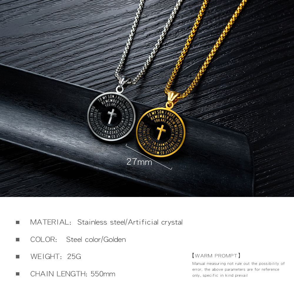 Retro Men Stainless Steel Round Card Pendant Necklace Titanium Steel Religious Pendants Jewelry Wholesale Gold Plated