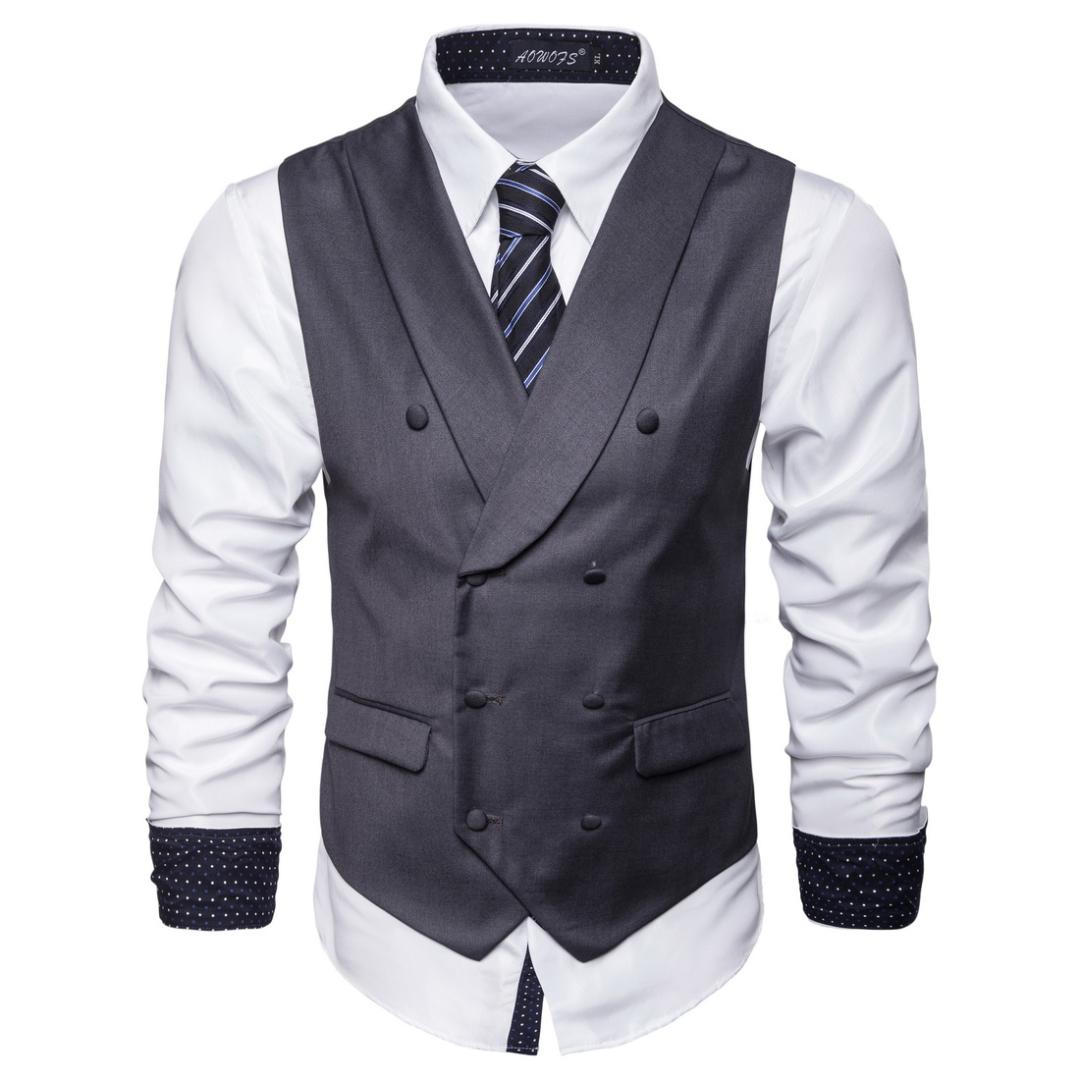 OSCN7 Shawl Lapel Slim Fit Suit Vest Mens 2019 New Business Casual Plain Double-breasted Flip Pocket Waistcoat Men MJ003