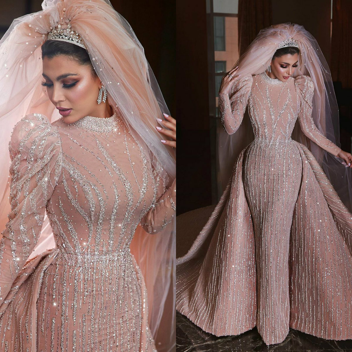 arabic beading mermaid wedding dresses with detachable train long sleeves crystal wedding gowns luxurious robes de marie