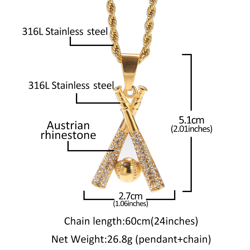 Hip Hop Stainless Steel Baseball Pendant Necklace Sports Fitness Jewelry 18k Real Gold Plated White Zircon