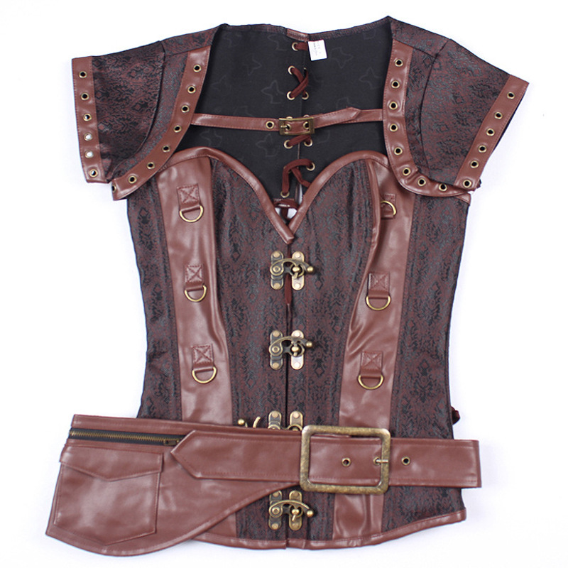 4pcs Set Women Medieval Steampunk Gothic Jacquard Overbust Corset Top with Bolero Jacket PU Leather Belt and Thong Costume S-6XL Plus Size