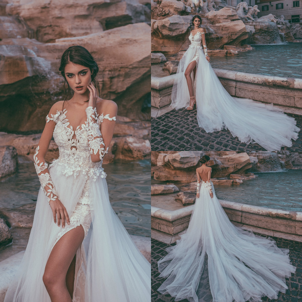 Julia Kontogruni 2019 Wedding Dresses Sheer Neck Long Sleeve Lace Applique Bridal Gowns Side Split Beach Wedding Dress Vestido De Novia