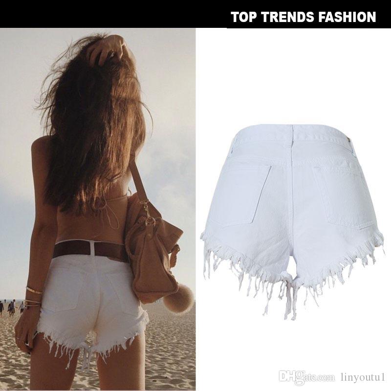 2020 Frayed Edge Ripped Denim Shorts 2019 Great White Women Summer Shorts Fashion Glamorous Female Button Fly Shorts