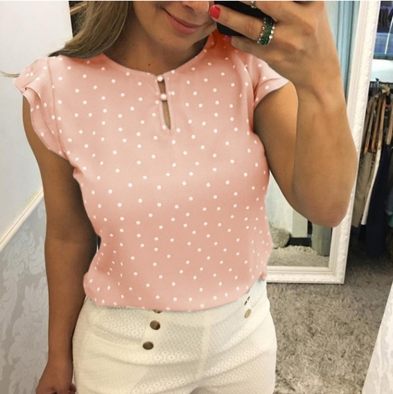 Fashion Woman Chiffon Blouses Summer Casual Women's Polka Dot Print Tunic Shirt Loose Short Sleeve Shirt Top