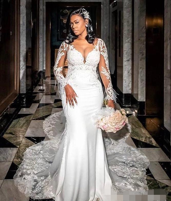 Gorgeous Mermaid Dresses Lace Applique Scoop Neck Long Sleeves Illusion Chapel Train Wedding Gown Vestido De Novia