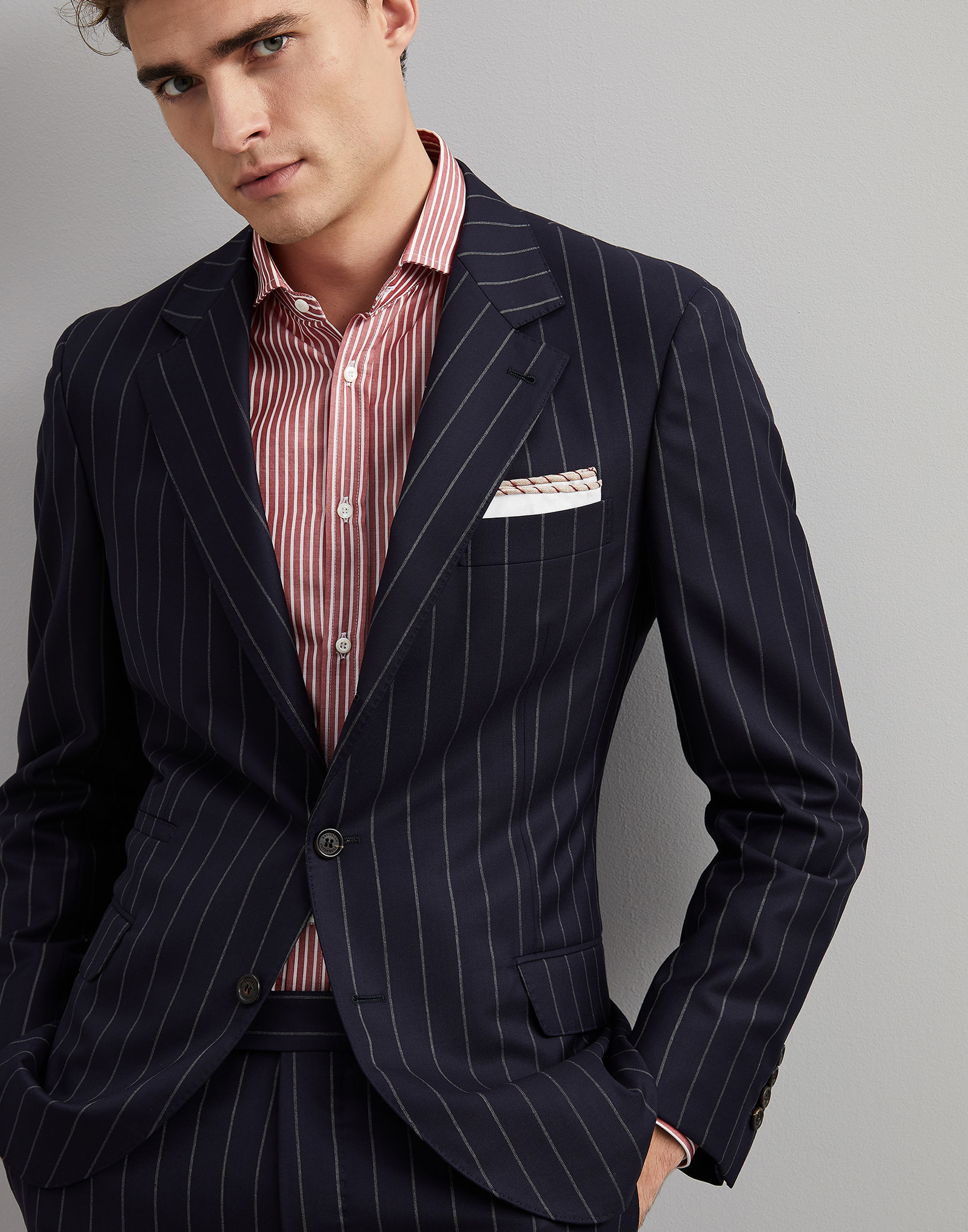Pinstripe Groom Tuxedos Navy Mens Wedding Peaked Lapel Pants Suits Best Men Jacket Blazer Prom/Dinner 2 Pieces (Jacket+Pants)